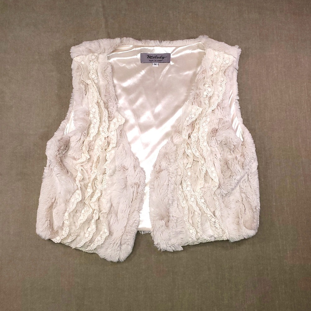 Melody Y2K Ivory Soft Faux Fur Lace Ruffle Vest Women Medium Cream Shabby